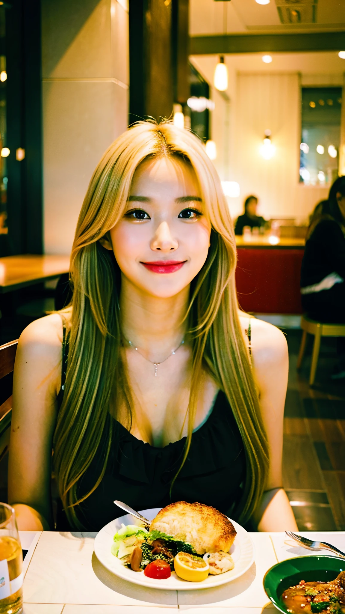Blonde woman sitting at table with food in front of her, with long hair, Korean woman, with long hair,