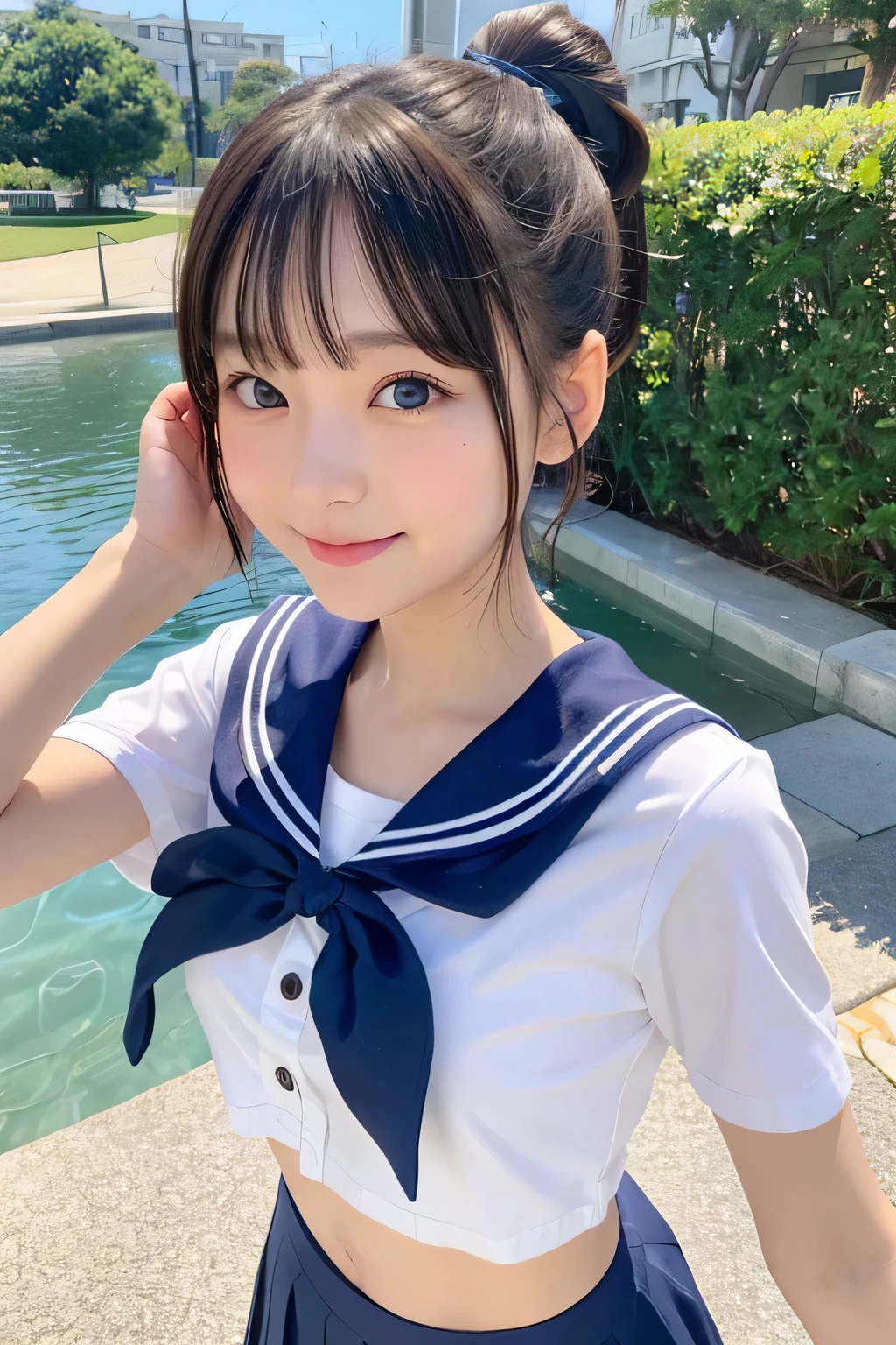 fashi-girl , , smile, eyes are brown, table top, highest quality,(become familiar with),(On top of that),girly running,, sailor suit,Navel exposure , (chest comes out),(脱ぎかけのsailor suit) 、on the way to school, (thin:1),Japanese, small breasts, sexual, the wind is blowing, Sky blue seaside,bright sunlight、Big eyes、ponytail、short hair