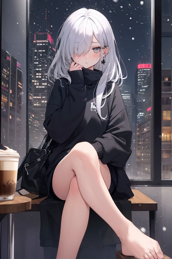 ((masterpiece:1.4, best quality:1.2)), 1girl, solo focus, beautiful skin, blush, black sweatshirt, long white hair, grey eyes, sitting, earrings, Hands piercing, coffee shop window, night, snowing, cityscape, tall female, beautiful and delicate female, comfy ambience, {detailed background}, hair over one eye, shy, sexy, naked, spread your leg