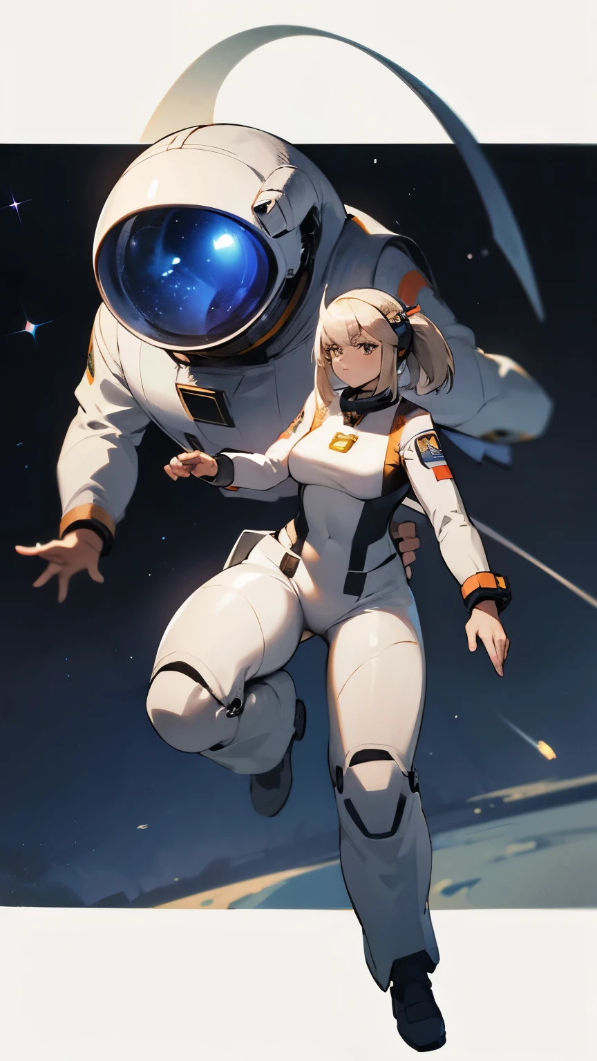 space suite concept, space suit, female and male model, future, flying in space, masterpiece, 4k, full body, front view, carrying weapons, helmet 