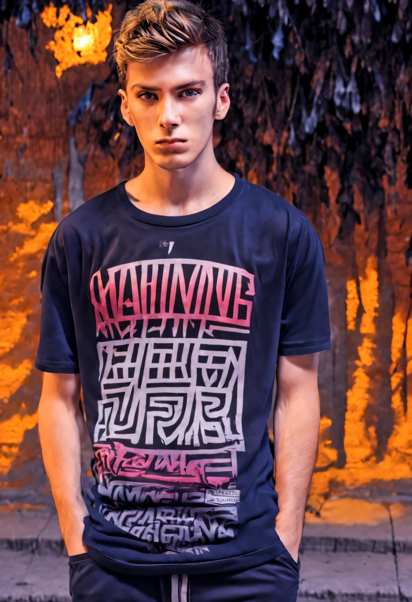 (((highly detailed, highest quality)), ((4k, UHD, HDR)), at night, Highly Detailed Photo model young man Anthony 21 Years of Age with black t-shirt, (detailed skateboard, Accurate), standing, fashion, vibrant colors, detailed face, detailed skin, realistic detailed , detailed body,(perfect arms, perfect hands, perfect fingers, 5 digits on each hand), cinema lighting