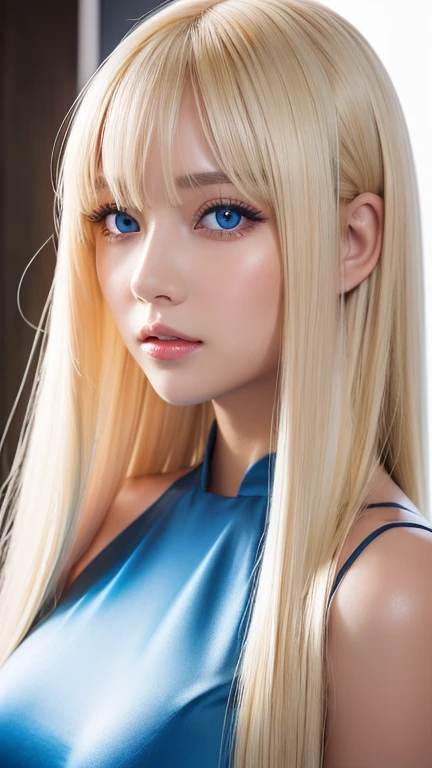 A beautiful blonde girl, Glossy firm and shiny skin, bangs between the eyes, Beautiful shiny straight platinum blonde, Super Long Straight Silky Hair, eyeliner, sexyで美しい無邪気な16歳, High-definition shining beautiful bright light blue very large eyes, very big eyes、very beautiful and nice girl, ((huge ))、((erotic、sexy、ultra high resolution、the lighting is bright、Precise hands without any discomfort))、hair over eyes、hair over one eye、hair between eyes、Extremely pure white, bright and glossy skin、cheek highlights、