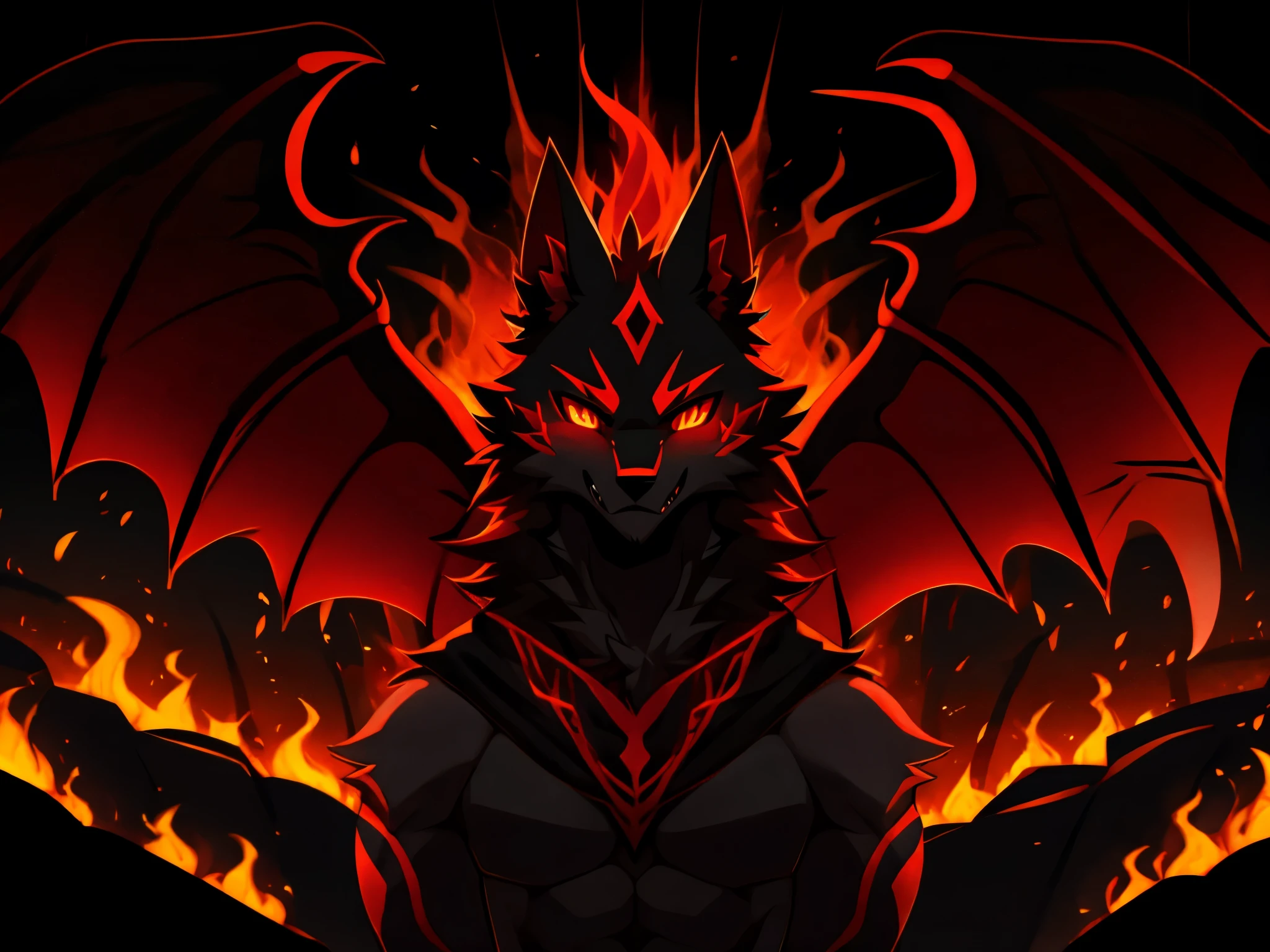 Demon wolf with red horns. Demon tail in flames. Demon wings. Grey fur.