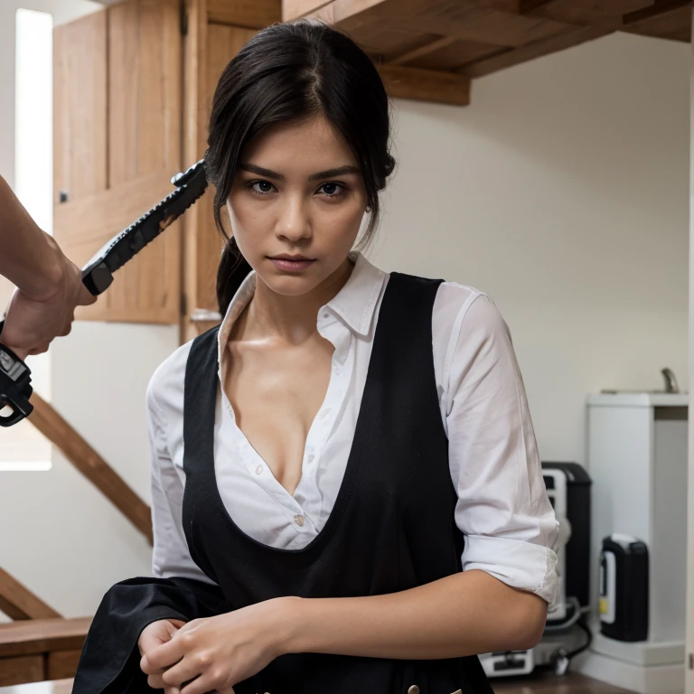 ((masterpiece, best quality)), (1girl), (solo), (female focus), yoru (chainsaw man),(very detailed face, real image, realistic white skin, realistic body, intricate details), upper body, focus on face, black hair tied, long hair, intimidating look, black pinafore dress, shirt, neck ribbon, small breasts