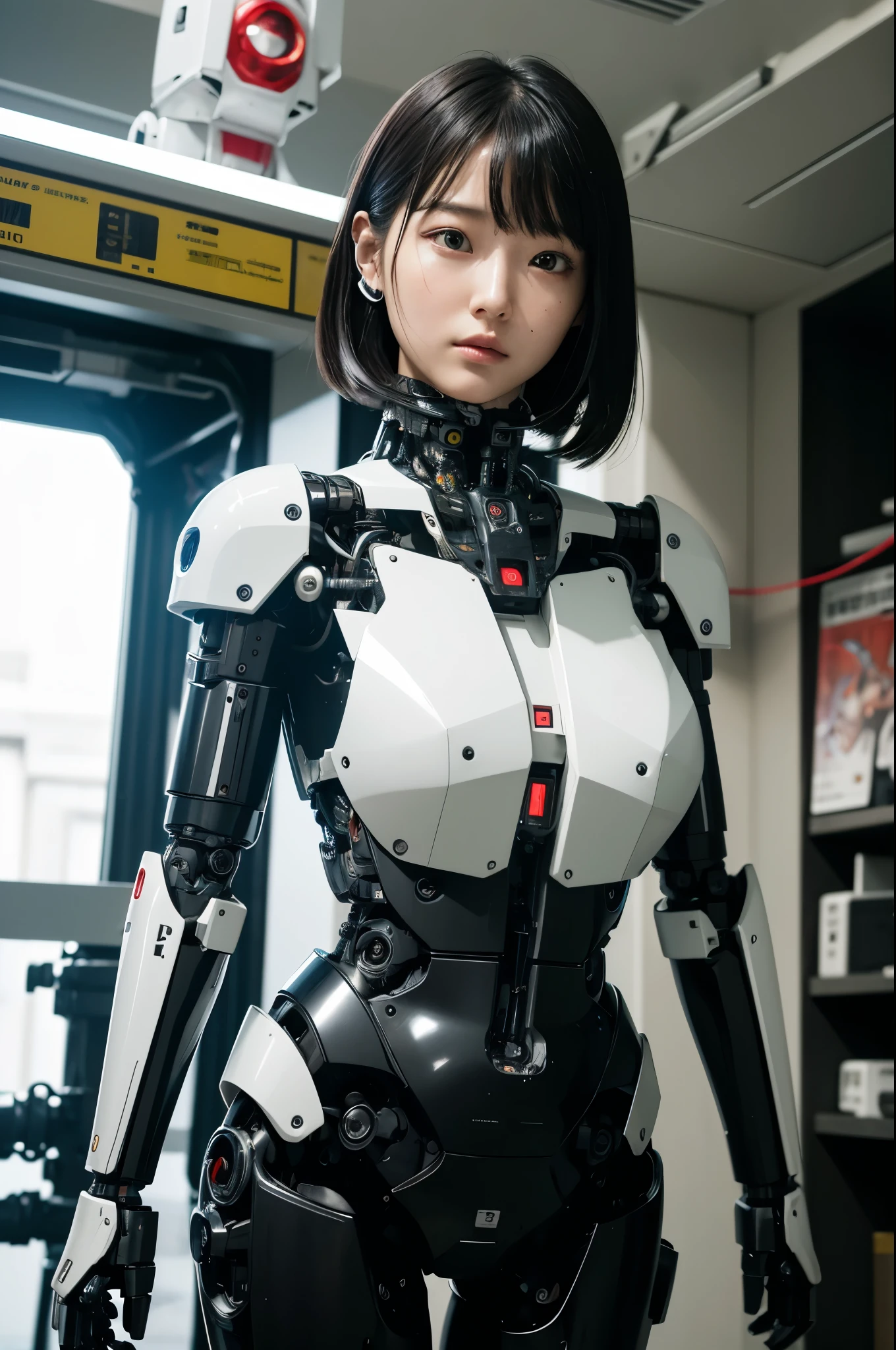 masutepiece, Best Quality, Extremely detailed, (Photorealistic:1.4),(Raw photo) (8K, 4K, Best Quality, hight resolution, 超A high resolution:1.1), (masutepiece, Realistic, Photorealsitic:1.1), 1girl in, Japaese Cyborg highschool Girl,Plump ,Navy Pleated Mini Skirt,Black tights,control panels,android,Droid,Mechanical Hand, ,Robot arms and legs, Black Robot Parts,Black hair,Mechanical body,Blunt bangs,White abdomen,White Robotics Parts,perfect robot woman,The laboratory of the future,cyberpunked,Charging spot,android factory,Robot Factory,cyborg factory,Long Tube,A thick cable connects her neck,ceramic body ,complete eyes,Striking eyes,Mechanical body, head antenna,lod antenna on the head,mechanical ear covers,android,robot humanoid,japanese shighchool girl uniform