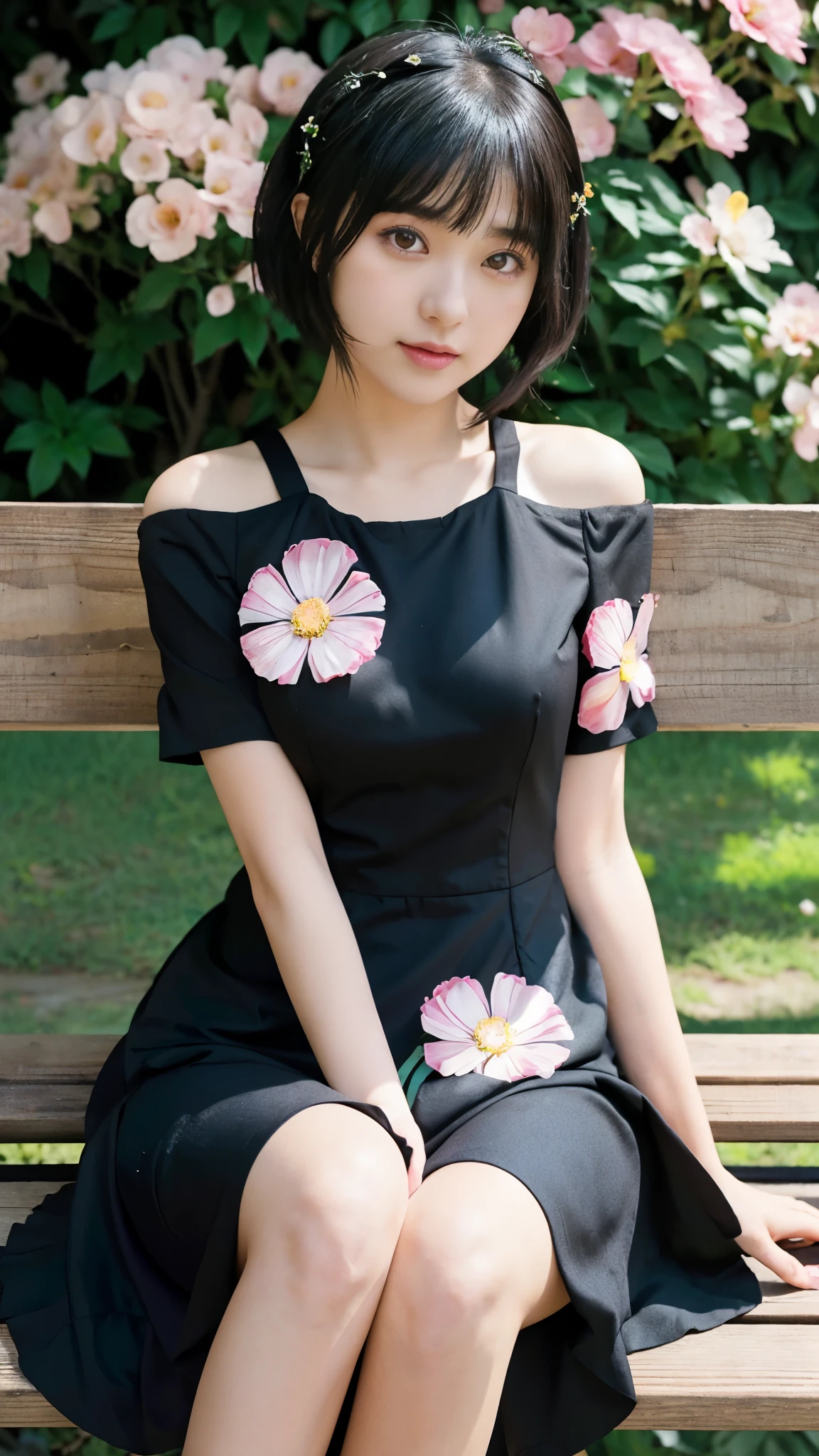 girl short hair sitting on a bench with flowers in her hair, hinata hyuga, anime girl wearing a black dress, made with anime painter studio, portrait of mayuri shiina, sasoura, hana yata, painted in anime painter studio, kotegawa yui, anime style character, from naruto, sitting with flowers, misato katsuragi