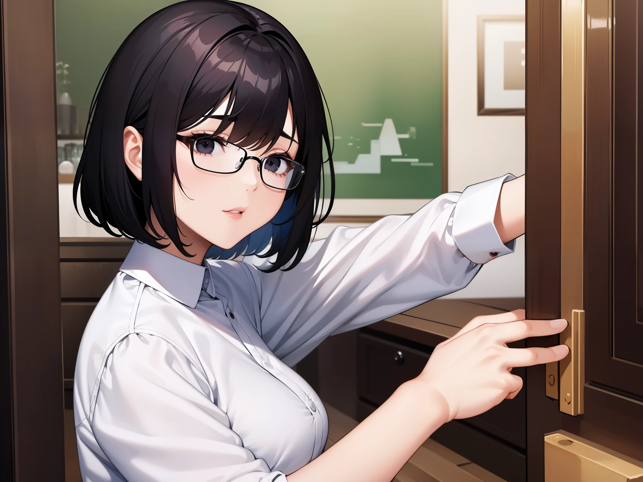 masterpiece、highest quality、adult woman、black hair、bob、black eyes、housewife、white shirt、glasses、one person