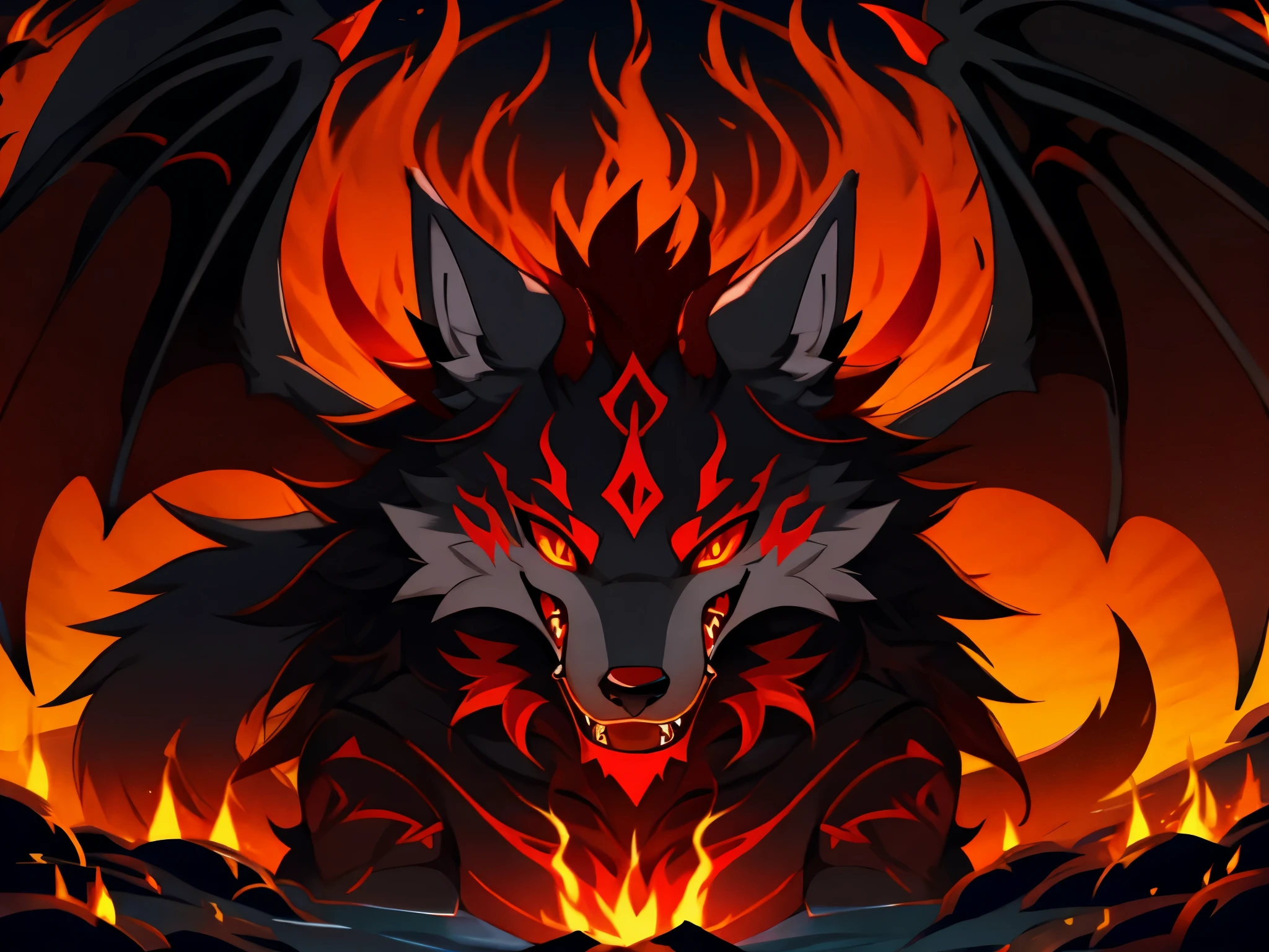 Demon wolf with red horns. Demon tail in flames. Demon wings. Grey fur.