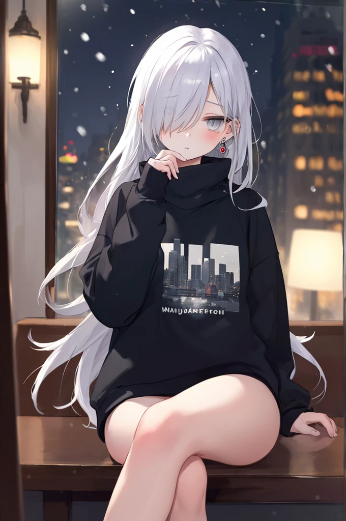((masterpiece:1.4, best quality:1.2)), 1girl, solo focus, beautiful skin, blush, black sweatshirt, long white hair, grey eyes, sitting, earrings, Hands piercing, coffee shop window, night, snowing, cityscape, tall female, beautiful and delicate female, comfy ambience, {detailed background}, hair over one eye, shy, , naked, spread your leg
