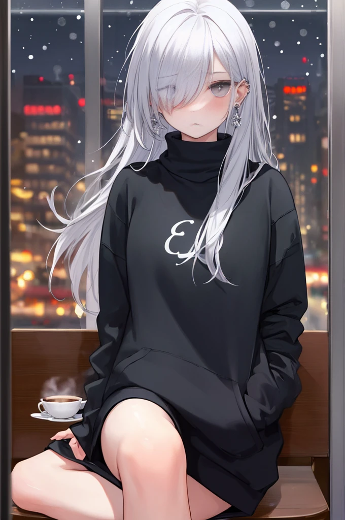 ((masterpiece:1.4, best quality:1.2)), 1girl, solo focus, beautiful skin, blush, black sweatshirt, long white hair, grey eyes, sitting, earrings, Hands piercing, coffee shop window, night, snowing, cityscape, tall female, beautiful and delicate female, comfy ambience, {detailed background}, hair over one eye, shy, sexy, naked, spread your leg