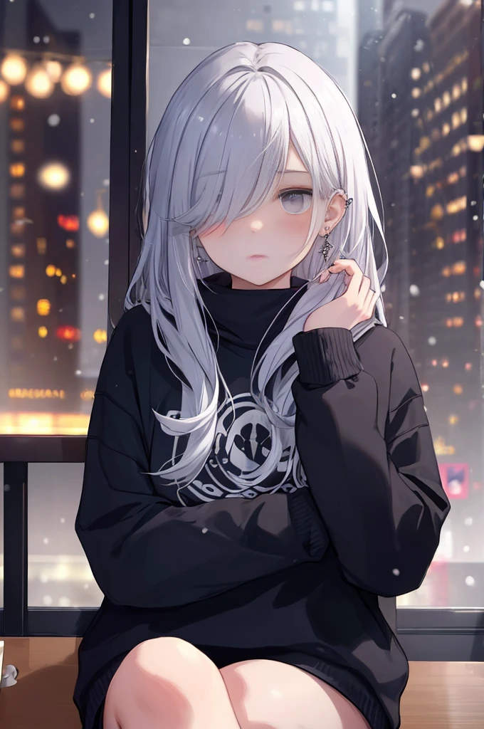 ((masterpiece:1.4, best quality:1.2)), 1girl, solo focus, beautiful skin, blush, black sweatshirt, long white hair, grey eyes, sitting, earrings, Hands piercing, coffee shop window, night, snowing, cityscape, tall female, beautiful and delicate female, comfy ambience, {detailed background}, hair over one eye, shy, sexy, naked, spread your leg