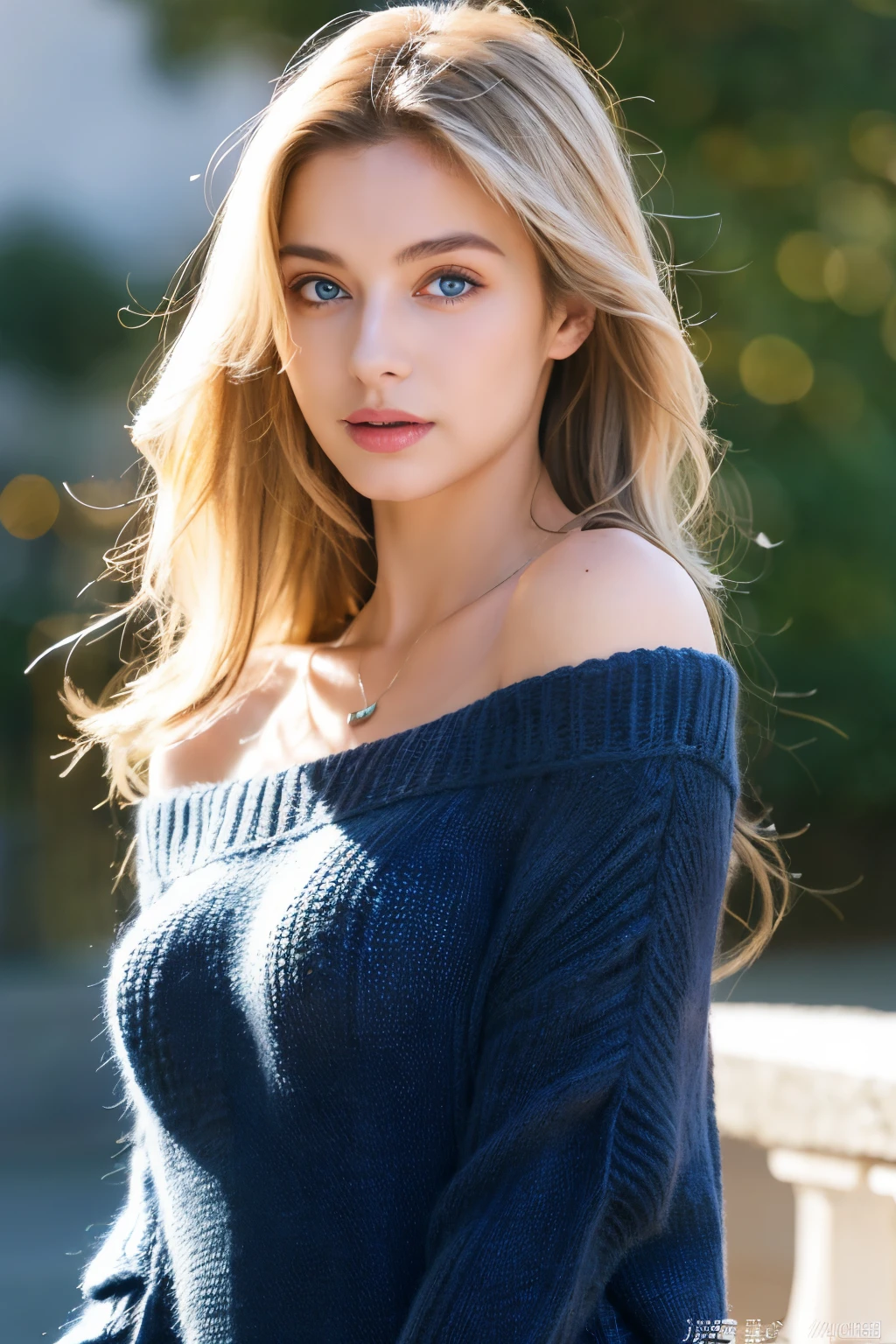 ((best quality)), ((masterpiece)), (detailed), perfect face1girl in, age19, Solo, Long hair, Colossal , Looking at Viewer, long messy windy blonde hair, Blue eyes,  shoulders, jewely, Full body, a necklace, off shoulders, Sweaters, Realistic, A 