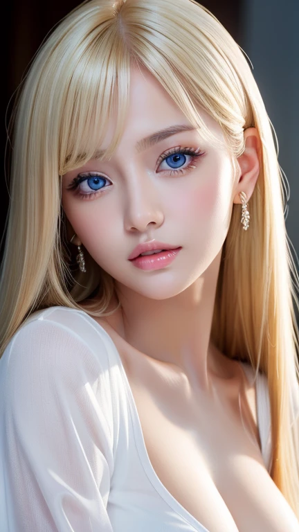 A beautiful blonde girl, Glossy firm and shiny skin, bangs between the eyes, Beautiful shiny straight platinum blonde, Super Long Straight Silky Hair, eyeliner, sexyで美しい無邪気な16歳, High-definition shining beautiful bright light blue very large eyes, very big eyes、very beautiful and nice girl, ((huge ))、((erotic、sexy、ultra high resolution、the lighting is bright、Precise hands without any discomfort))、hair over eyes、hair over one eye、hair between eyes、Extremely pure white, bright and glossy skin、cheek highlights、shy and bright look、small face beauty、round face
