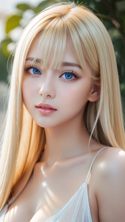 A beautiful blonde girl, Glossy firm and shiny skin, bangs between the eyes, Beautiful shiny straight platinum blonde, Super Long Straight Silky Hair, eyeliner, sexyで美しい無邪気な16歳, High-definition shining beautiful bright light blue very large eyes, very big eyes、very beautiful and nice girl, ((huge ))、((erotic、sexy、ultra high resolution、the lighting is bright、Precise hands without any discomfort))、hair over eyes、hair over one eye、hair between eyes、Extremely pure white, bright and glossy skin、cheek highlights、shy and bright look、small face beauty、round face