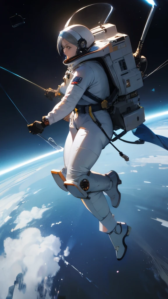 space suite concept, space suit, female and male model, future, flying in space, masterpiece, 4k, full body, front view, carrying weapons