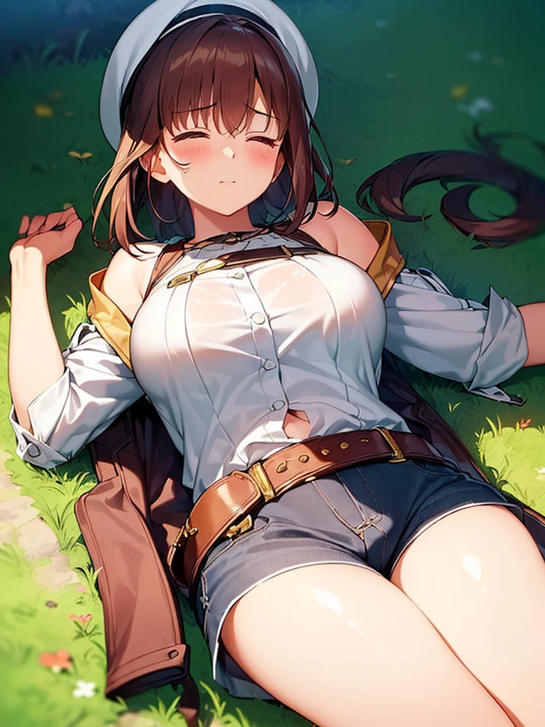 (lie on the ground on your back:1.3), ((From above)), ((blush:1.2)), ((Fully closed eyes:1.3)), ((Expressionless)), looks comfortable, 1 girl, riser, ((white shirt)),  that don't sag, , naughty , ((long and thin legs)), ((thin waist)), thighs, beret, denim shorts, Beautiful woman, cute face, Curvaceous