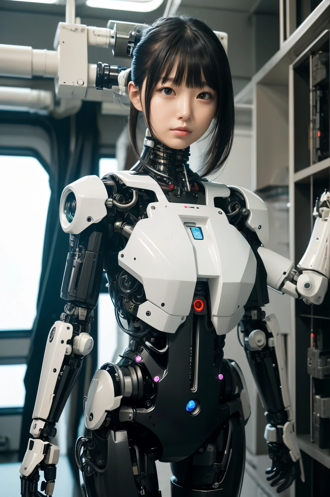 masterpiece, best quality, extremely detailed,  Japaese Cyborg girl,Plump , control panels,android,Droid,Mechanical Hand, Robot arms and legs, Black Robot Parts,Black hair,Mechanical body,Blunt bangs,White robotics parts,perfect robot girl,long tube,thick cable connected her neck,ceramic body ,mechanical body, mechanical ear cover, mechanical costume,android,robot,humanoid,cyborg,japanese android woman ,mechanical chest,full eyes,future laboratory,connecting a cable between the legs,