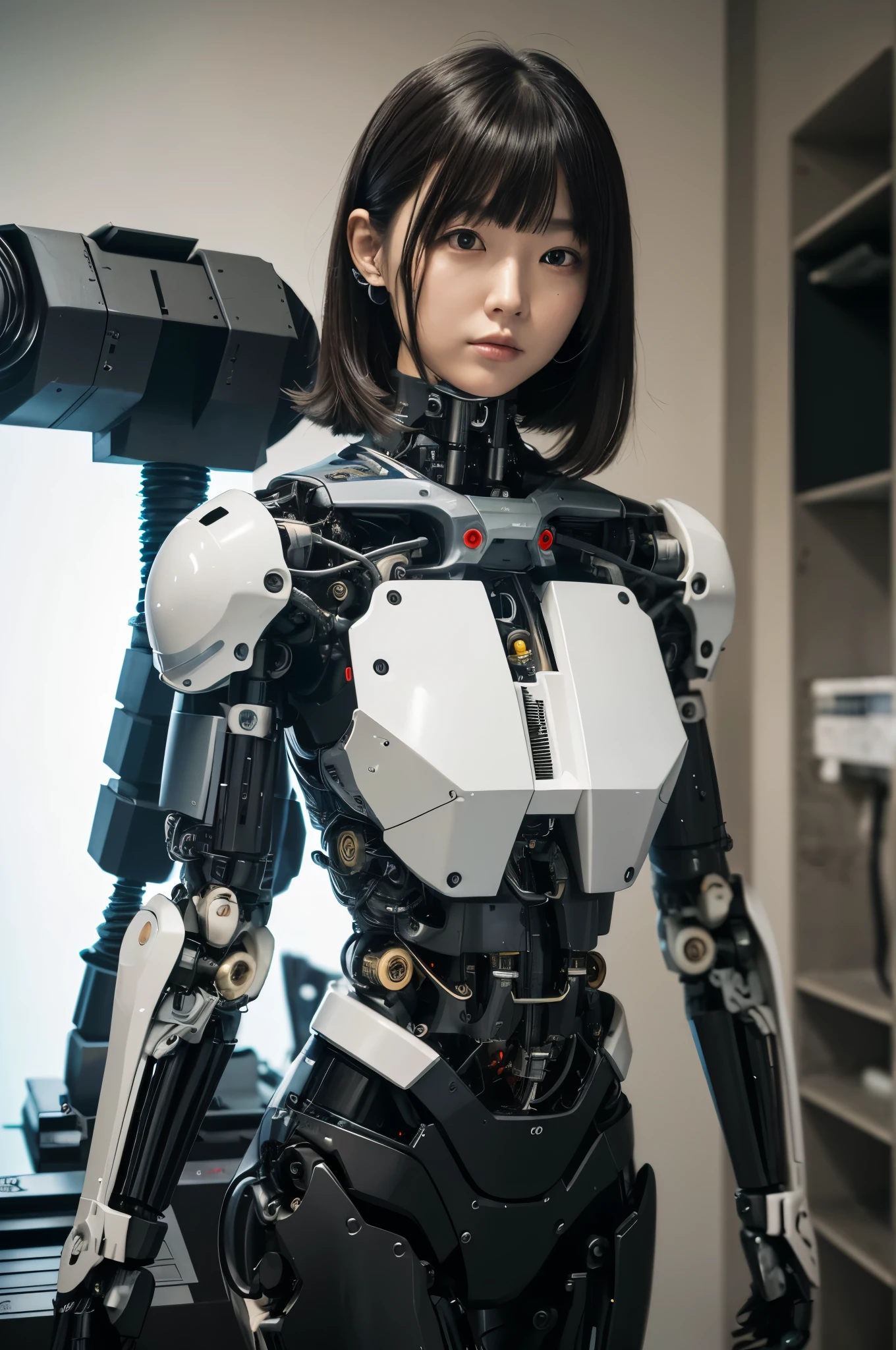 masterpiece, best quality, extremely detailed,  Japaese Cyborg girl,Plump , control panels,android,Droid,Mechanical Hand, Robot arms and legs, Black Robot Parts,Black hair,Mechanical body,Blunt bangs,White robotics parts,perfect robot girl,long tube,thick cable connected her neck,ceramic body ,mechanical body, mechanical ear cover, mechanical costume,android,robot,humanoid,cyborg,japanese android woman ,mechanical chest,full eyes,future laboratory,connecting a cable between the legs,
