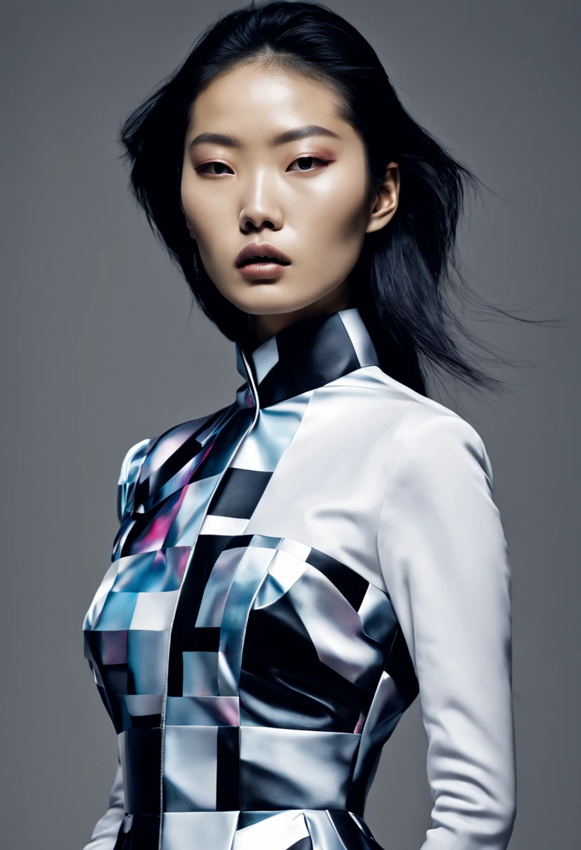 a photograph of asian american female model, professional photoshoot, classic haute couture:0.7, glitch aesthetic:0.3, haute couture:0.7 , torso shot, medium shot, glamour shot, by Balenciaga high fashion creator ,