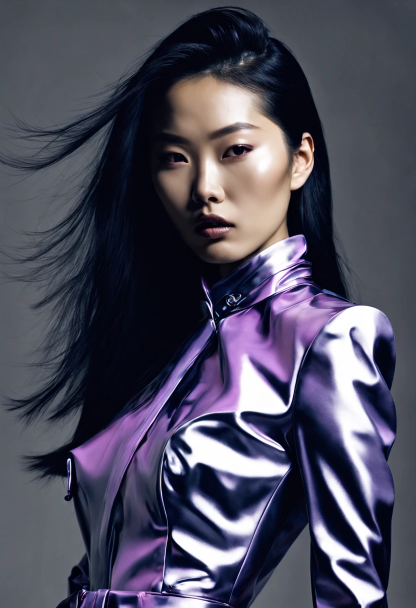 a photograph of asian american female model, professional photoshoot, classic haute couture:0.7, glitch aesthetic:0.3, haute couture:0.7 , torso shot, medium shot, glamour shot, by Balenciaga high fashion creator ,