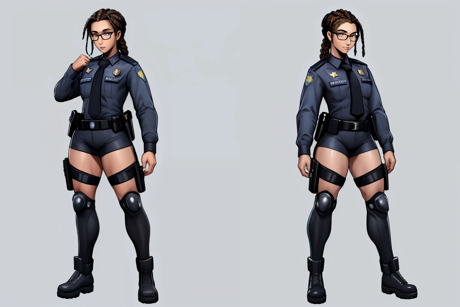 ((masterpiece)),(((best quality))),((character design sheet)), illustration,1woman, environment Scene change, (long braided hair:1.4),((cyberpunk police officer:1.5)), muscular, black legs, thick legs, (pale skin:1.3)scribbles and marks, light blue shirt, ((detailed face:1.1)), rough sketches, (puffy lips:1.4), pose too, ((brunette hair:1.2)), (police officer outfit:1.3) , 8k,16k, (simple background, light background: 1.3) ((Style 20 year old black woman with glasses , com ,big vagina Art Vista de Corpo Inteiro, plano completo, View various frontal poses, de personagem, views and points of view, um personagem, corpo inteiro, personagem com menos, estilo de roupa, no mesmo Estilo de cabelo, less Type of footwear, FORTE )):: ((full body view, plano completo, Vista design de personagem, views views, de um personagem, corpo inteiro,, personagem com menos, estilo de roupa, no mesmo Estilo de cabelo, less Type of footwear)):: Uma mulher Moreno de uma mulher seios , position of 69 position, cabelo afro caindo para a frente, Tipo Rasta, but braided, com belos seios corpo perfeito com , a wide thigh is a beautiful woman, com seios lindos corpo perfeito, uma coxa larga, um destino com ,sexual expression, erotismo