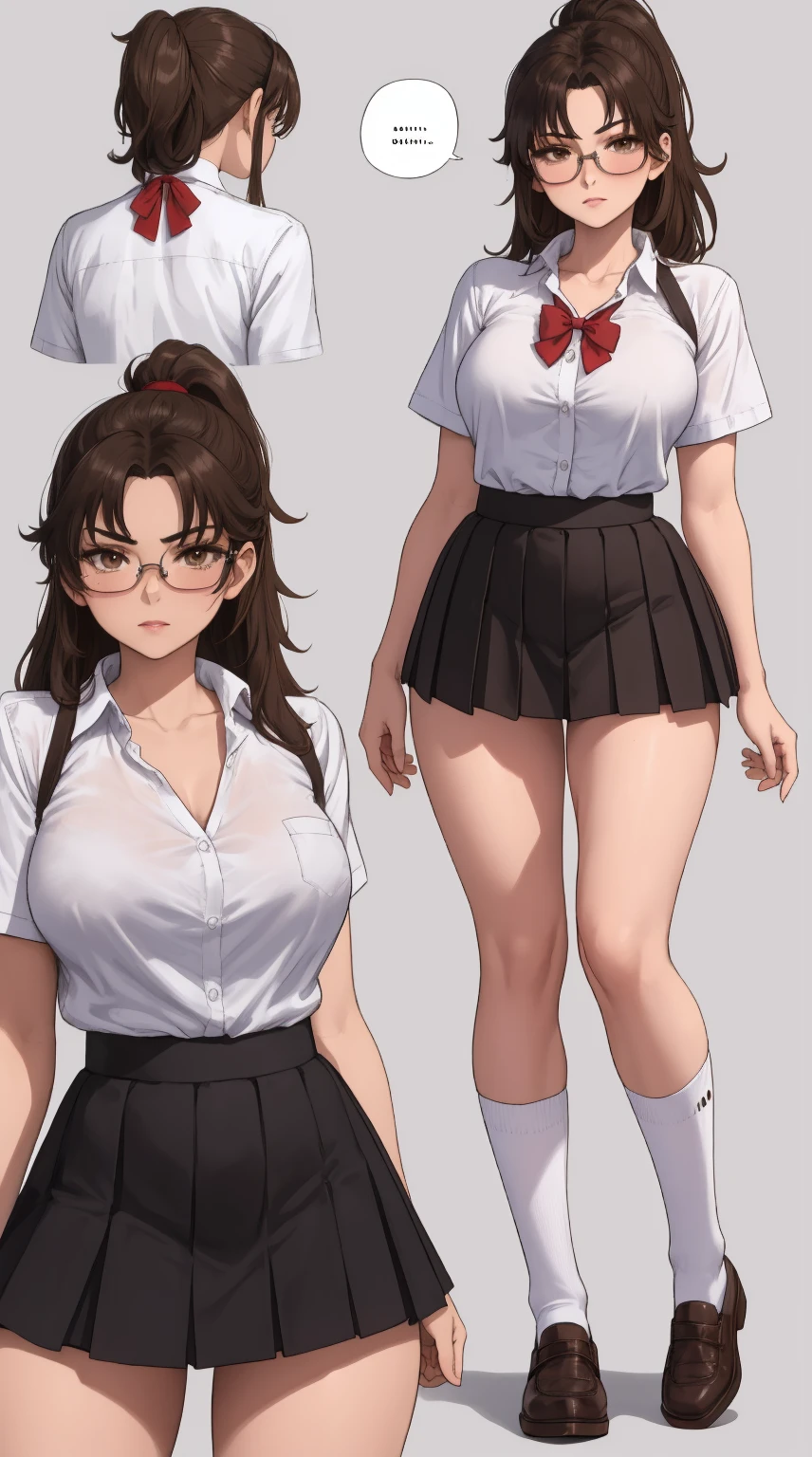 woman is very feminine, but very attractive in the three poses for the piece of art, 1girl, skirt, breasts, button gap, glasses, black hair, brown skirt, bow, pleated skirt, tented shirt, bowtie, socks, shoes, shirt, white background, multiple views, ponytail, large breasts, white shirt, brown eyes, short sleeves, shirt tucked in, black-framed eyewear, simple background, school uniform,ogiwara sayu, brown eyes, brown hair, long hair, school uniform, red bow, white shirt, school uniform, collarbone