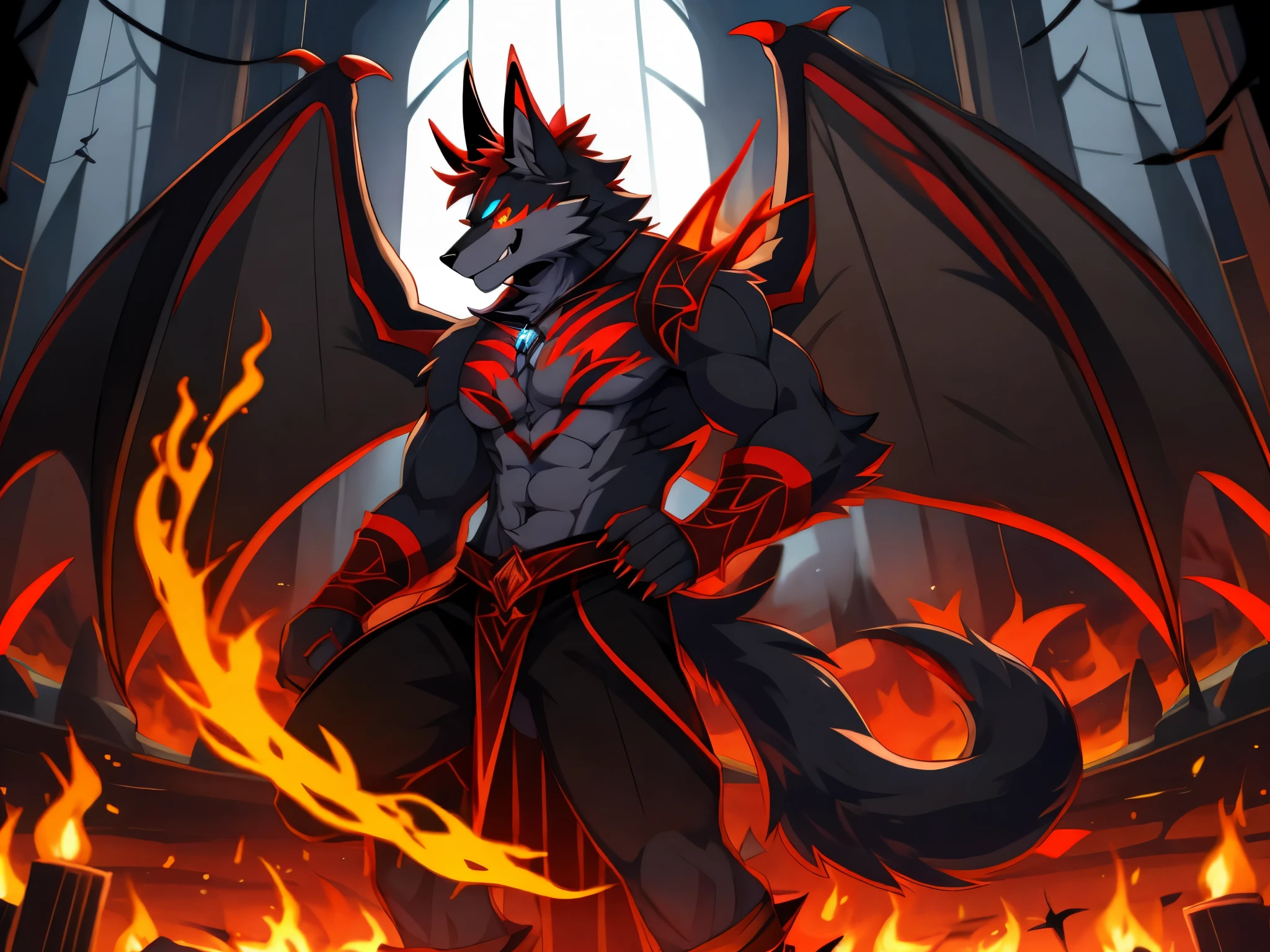 Demon wolf with red horns. Demon tail in flames. Demon wings. Grey fur. Anthro style. 