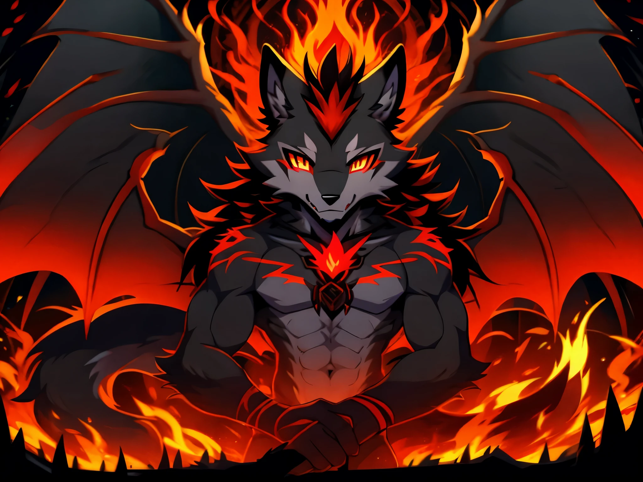 Demon wolf with red horns. Demon tail in flames. Demon wings. Grey fur. Anthro style. 