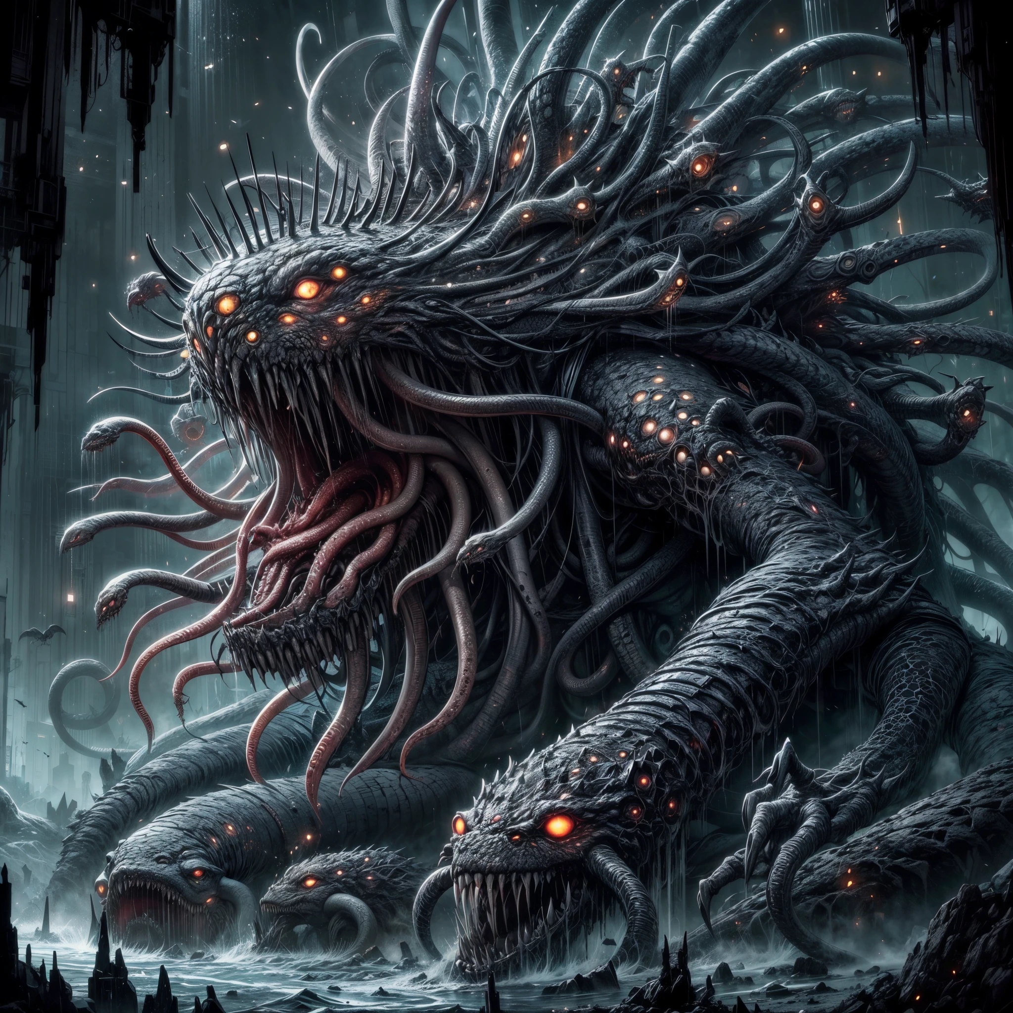 dark soul boss, Elden Ring style, HP.lovecraft,a terrific creature, an eldritch abomination, lots of long thick tentacles, countless mouth with sharp teeth, colossal shape, lots of glowing eyes,spike, scales,claws, chimera,horn, horror,wings,all combine together in the shape of a tall thin humanoid with snakes came from back, dark color, black energy mist,aura of death, all black, white eye snakes, holding a giant futuristic laser canon