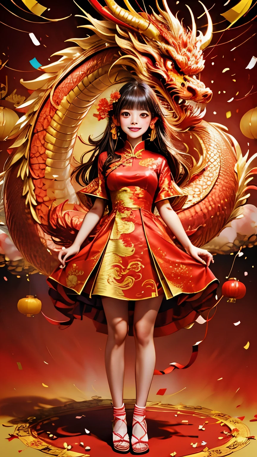 chinese new year, 1girl, solo, long hair, looking at viewer, blush, smile, bangs, brown hair, hair ornament, dress, holding, brown eyes, medium breasts, closed mouth, standing, full body, flower, (colorful confetti:1.4), short sleeves, socks, hair flower, bare legs, chinese clothes, red dress, sandals, red flower, red footwear, china dress, red nails, lantern, dragon, paper lantern, eastern dragon,