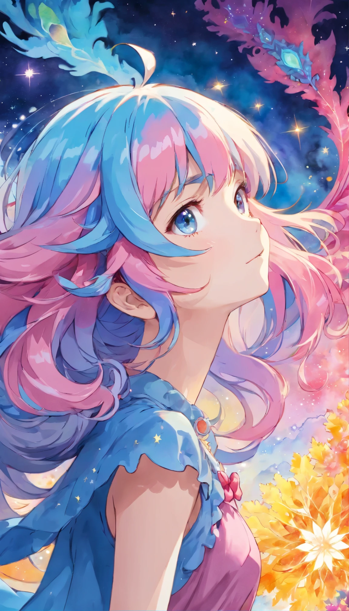 (masterpiece, top quality, best quality,watercolor (medium),official art, beautiful and aesthetic:1.2),(1girl:1.3), (fractal art:1.3),upper body, from side, looking at viewer,patterns,(rainbow color Hair,colorful hair,half blue and half pink hair:1.2),water,liquid, cloud,colorful, starry,stars,boys & girls