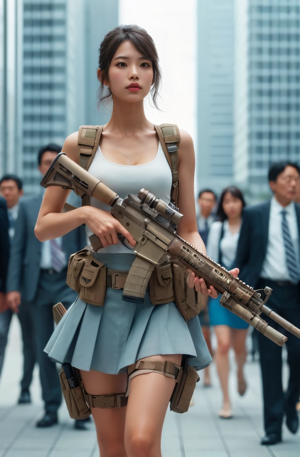 Photoreal、realistic skin texture、beautiful japanese woman、automatic rifle