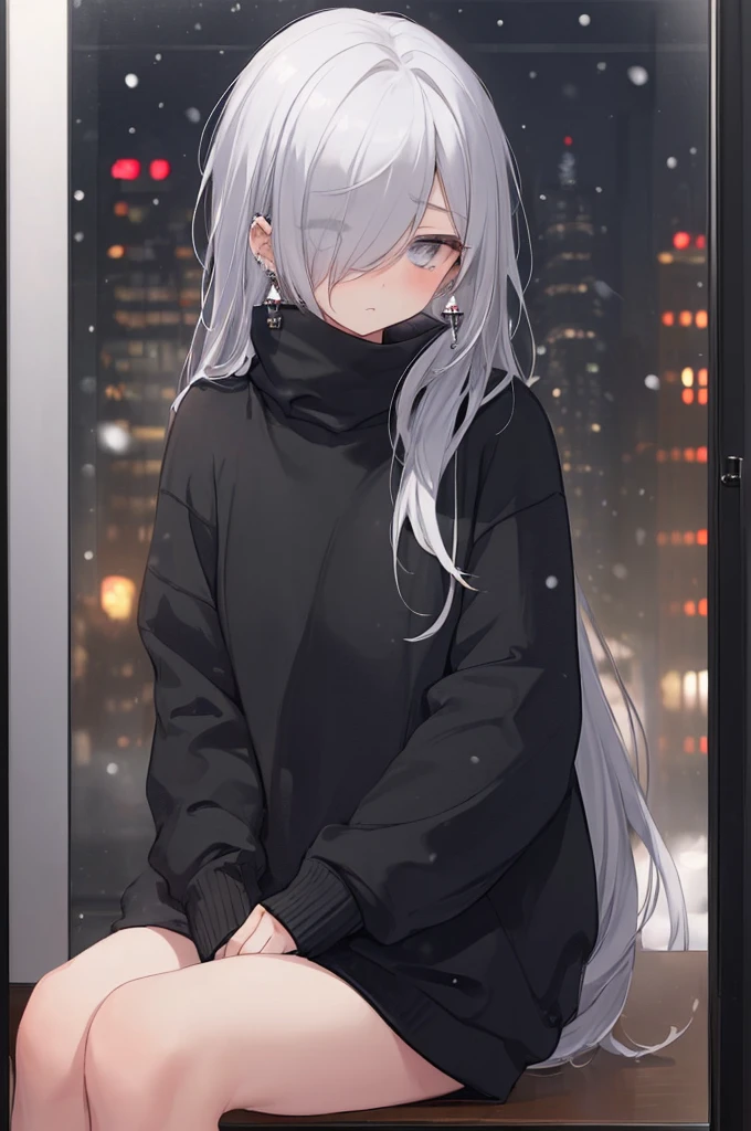 ((masterpiece:1.4, best quality:1.2)), 1girl, solo focus, beautiful skin, blush, black sweatshirt, long white hair, grey eyes, sitting, earrings, Hands piercing, coffee shop window, night, snowing, cityscape, tall female, beautiful and delicate female, comfy ambience, {detailed background}, hair over one eye, shy, sexy, naked,