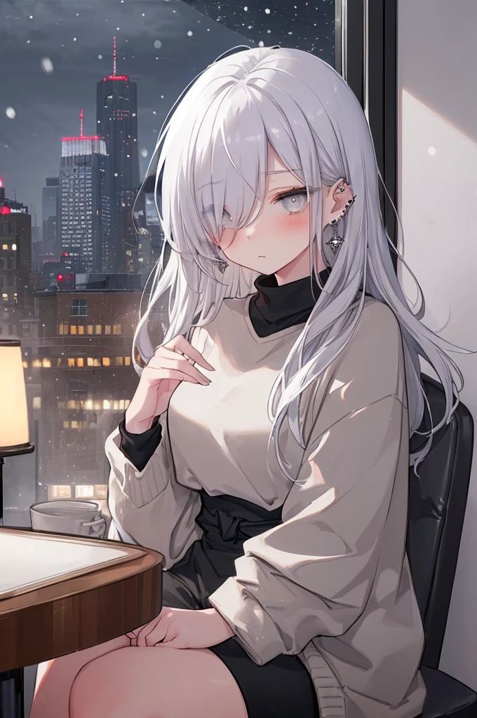 ((masterpiece:1.4, best quality:1.2)), 1girl, solo focus, beautiful skin, blush, black sweatshirt, long white hair, grey eyes, sitting, earrings, Hands piercing, coffee shop window, night, snowing, cityscape, tall female, beautiful and delicate female, comfy ambience, {detailed background}, hair over one eye, shy, sexy, naked,