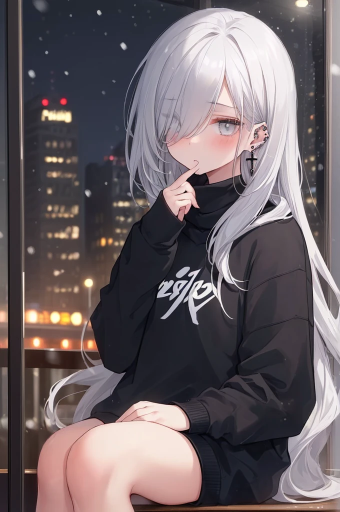 ((masterpiece:1.4, best quality:1.2)), 1girl, solo focus, beautiful skin, blush, black sweatshirt, long white hair, grey eyes, sitting, earrings, Hands piercing, coffee shop window, night, snowing, cityscape, tall female, beautiful and delicate female, comfy ambience, {detailed background}, hair over one eye, shy, sexy, naked,