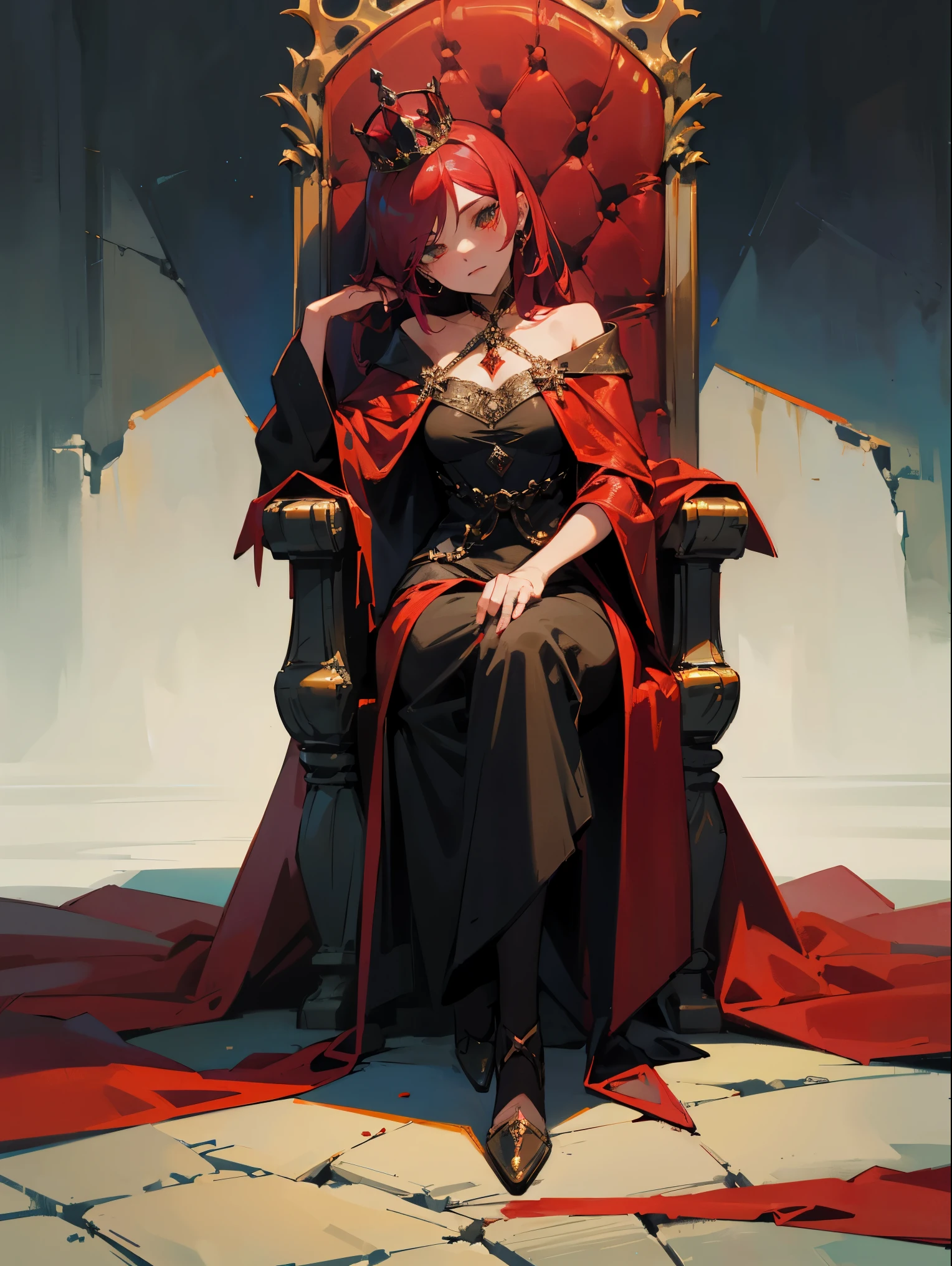 A dark queen sits on her bloody throne，Lilith，The Dark Witch，Queen，Looking at a woman half-kneeling on the ground wearing a red robe