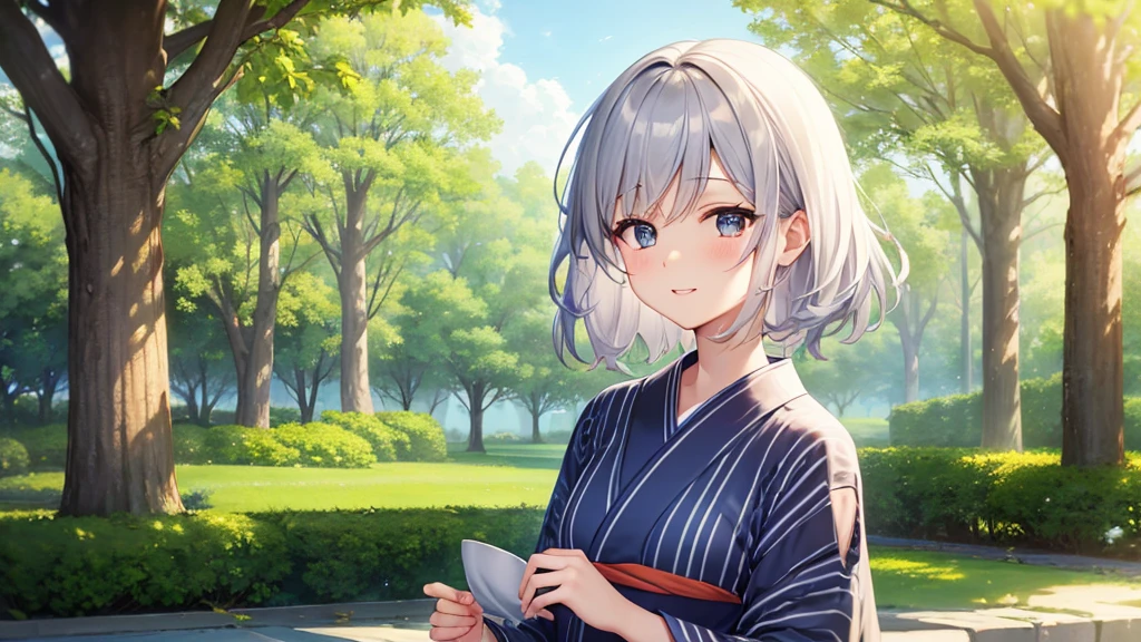 super high quality, with a girl, 20-year-old, very short hair, long bangs between the eyes, gray eyes , blue sky, sunlight, very detailed,(masterpiece、highest quality)、alone、gray hair、laughter、fantasy, silver hair, black eye, beautiful eyes,, ecstasy, charm, be smitten with audience, fantasyな風景、Princess、yukata