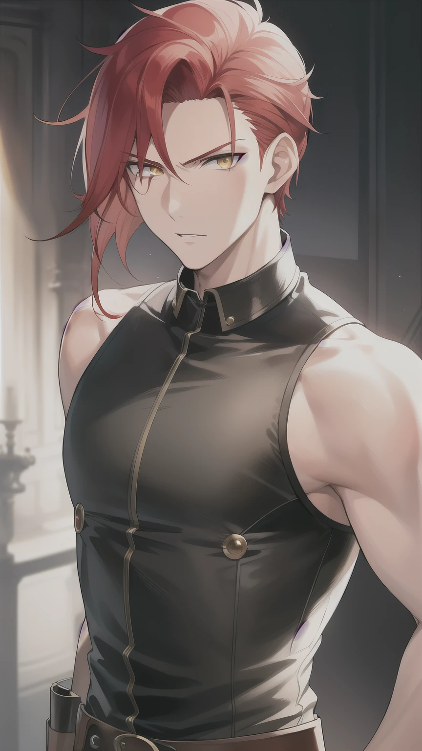 (best quality:1.2), masterpiece, anime style, male, mature, adult, handsome, (red hair), short slicked-back hair, (yellow eyes), detailed eyes, expressive gaze, tanned skin, lustrous skin, lean body, rebel leader, black brown sleeveless leather west, steampunk, confident pose
