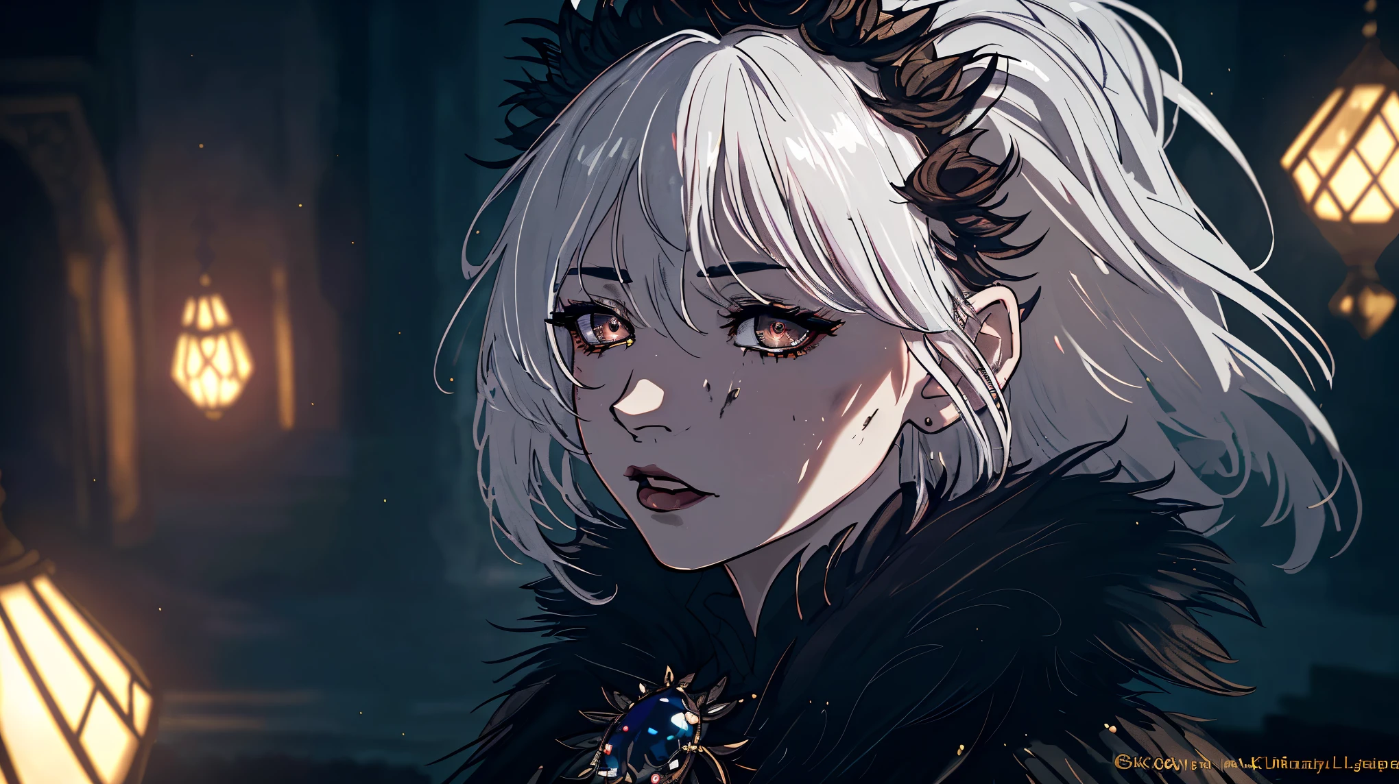 8K resolution，highest quality，Ultra-clear details，Queen:1.3，dress，goth style，dirty，night，scruffy，temperament，Shocked，white hair，Epic composition，light and shadow:1.1，untidy，masterpiece， 1.3
