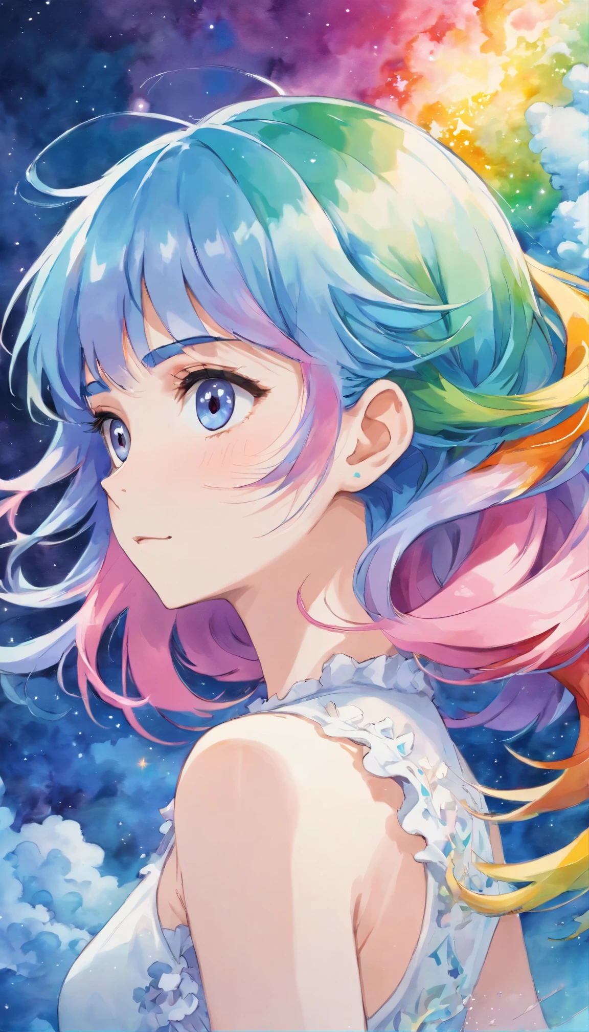 (masterpiece, top quality, best quality,watercolor (medium),official art, beautiful and aesthetic:1.2),(1girl:1.3), (fractal art:1.3),upper body, from side, looking at viewer,patterns,(rainbow color Hair,colorful hair,half blue and half pink hair:1.2),water,liquid, cloud,colorful, starry,stars,boys & girls