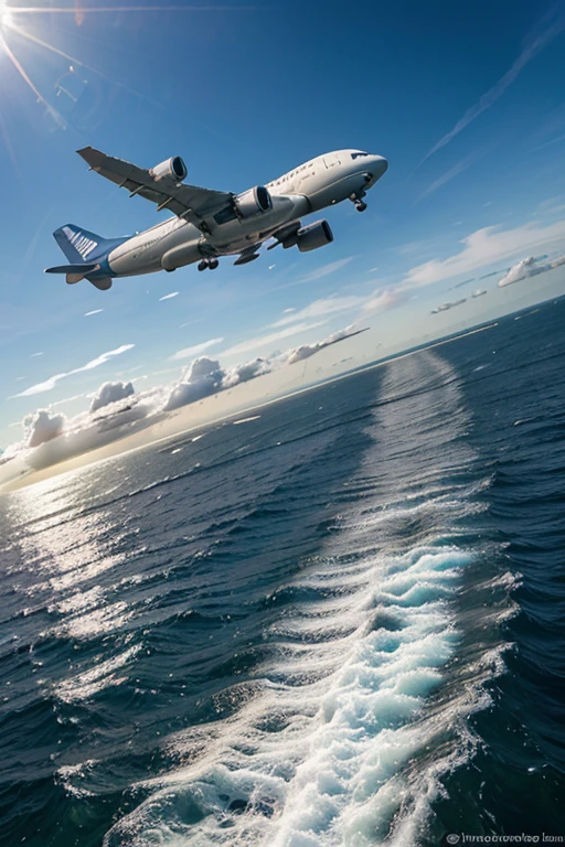 realistic photo of an airliner taking off, against a sea background, with the sun on the horizon