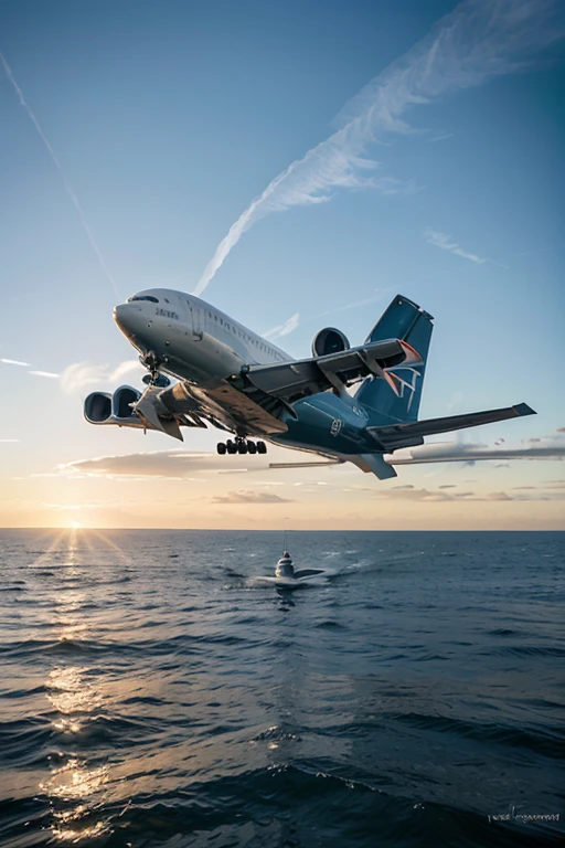 realistic photo of an airliner taking off, against a sea background, with the sun on the horizon
