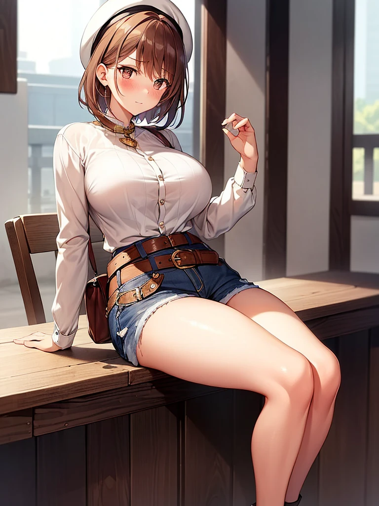((blush:1.2)), looks comfortable, 1 girl, riser, ((white shirt)), Breasts that don't sag, huge breasts, naughty big breasts, ((long and thin legs)), ((thin waist)), thighs, beret, denim shorts, Beautiful woman, cute face, Curvaceous