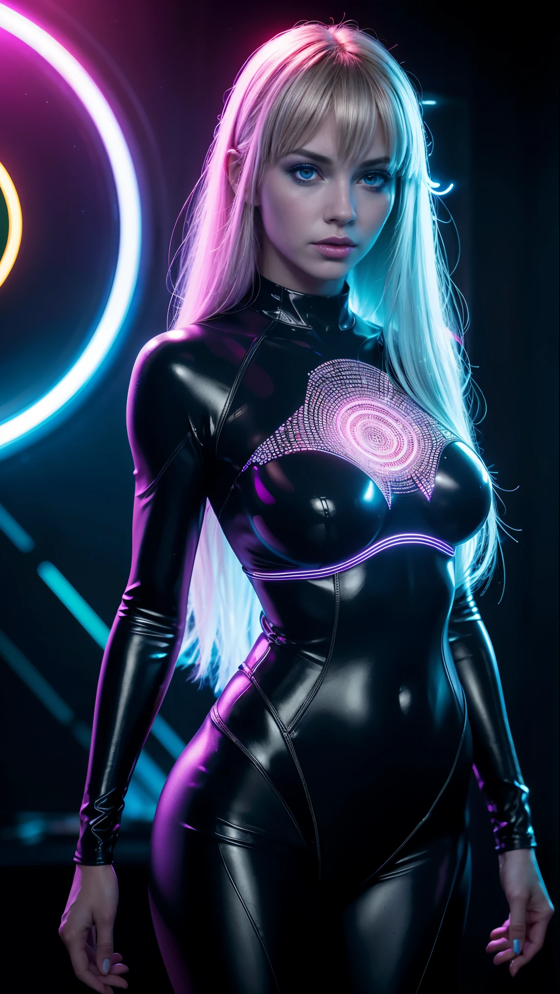 Full body shot of a (3DMM picture of a woman, (3 d depth of field: 1.4)) in a 3 d picture frame, 3DMM frame of lights, illusion of disappearing to infinity, RGB led point lights disappear inward from edge, infinity mirror, 3 d neon art of a womens body, psychedelic photoluminescent, vivid!!, psychedelic lighting, psychedelic black light, by Jon Coffelt, lsd visuals, neon version of style jim burns, ledspace, skin made of led point lights, RGB led effects, blonde straight hair