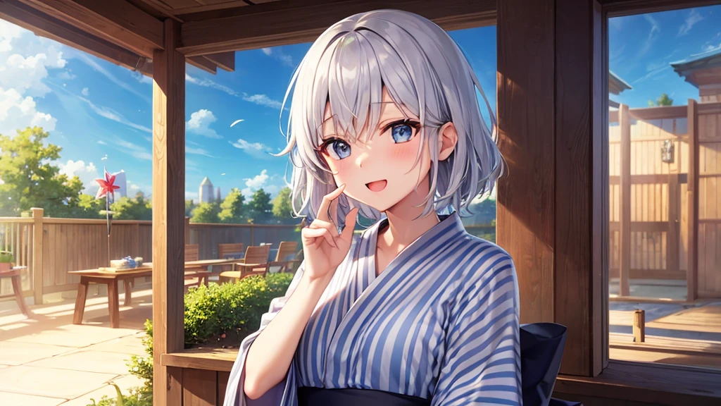 super high quality, with a girl, 20-year-old, very short hair, long bangs between the eyes, gray eyes , blue sky, sunlight, very detailed,(masterpiece、highest quality)、alone、gray hair、laughter、fantasy, silver hair, black eye, beautiful eyes,, ecstasy, charm, be smitten with audience, fantasyな風景、Princess、yukata、firework