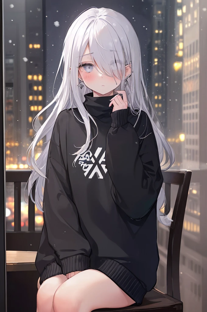 ((masterpiece:1.4, best quality:1.2)), 1girl, solo focus, beautiful skin, blush, black sweatshirt, long white hair, grey eyes, sitting, earrings, Hands piercing, coffee shop window, night, snowing, cityscape, tall female, beautiful and delicate female, comfy ambience, {detailed background}, hair over one eye, shy, sexy, naked,