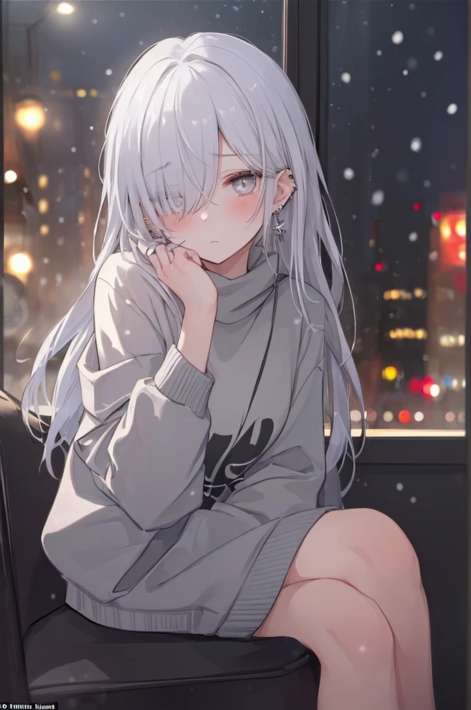 ((masterpiece:1.4, best quality:1.2)), 1girl, solo focus, beautiful skin, blush, black sweatshirt, long white hair, grey eyes, sitting, earrings, Hands piercing, coffee shop window, night, snowing, cityscape, tall female, beautiful and delicate female, comfy ambience, {detailed background}, hair over one eye, shy, sexy, naked,