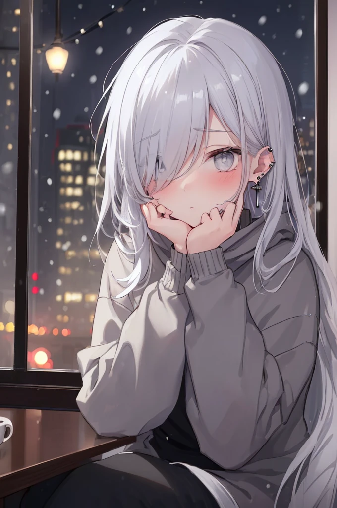 ((masterpiece:1.4, best quality:1.2)), 1girl, solo focus, beautiful skin, blush, black sweatshirt, long white hair, grey eyes, sitting, earrings, Hands piercing, coffee shop window, night, snowing, cityscape, tall female, beautiful and delicate female, comfy ambience, {detailed background}, hair over one eye, shy, sexy, naked,