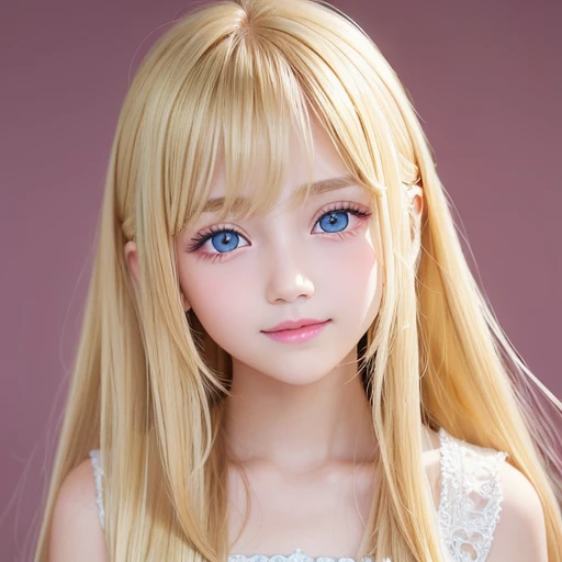 Beautiful super long straight silky hair shining dazzling golden color、bright look、blonde girl posing、long golden bangs between the eyes of the eyes,,,、fair skin with glossy skin、pink cheeks、shiny cheeks、Real Girl、 girl、Beautiful girl in shining golden platinum blonde、Beautiful big bright blue eyes、happy smile