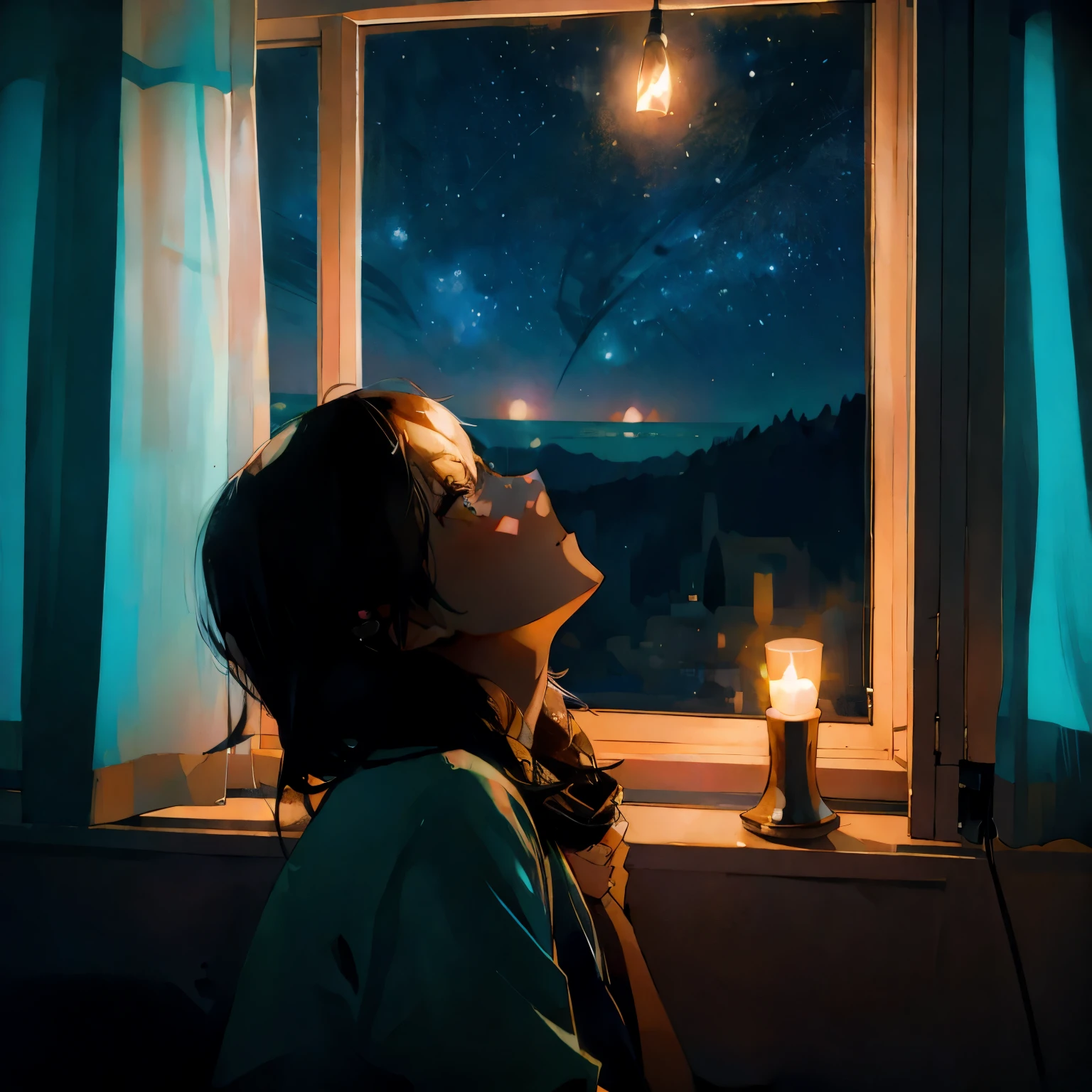 neon-lit room、A girl looking listlessly at the night sky by the window